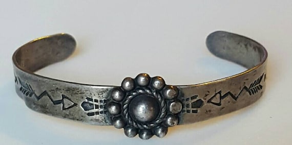 Vintage Fred Harvey Coin Silver Cuff Baby Bracelet, Native 