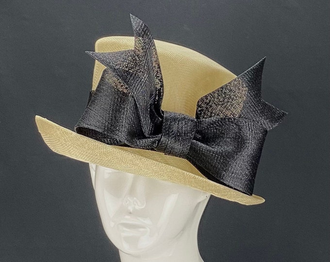 Tan Sinamay Top Hat with Black Sculpted Sinamay Bow