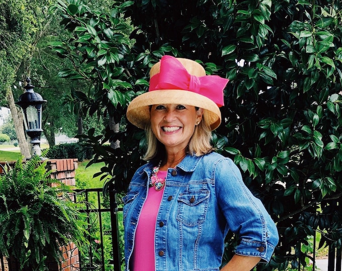 Tan Sinamay Hat with Fuchsia Bow