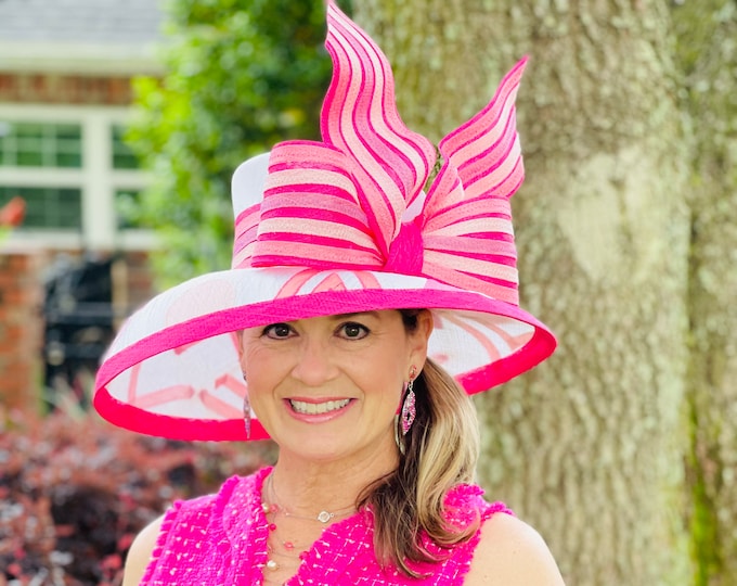 Pink and White Jockey Silk Inspired Wide Brim Hat