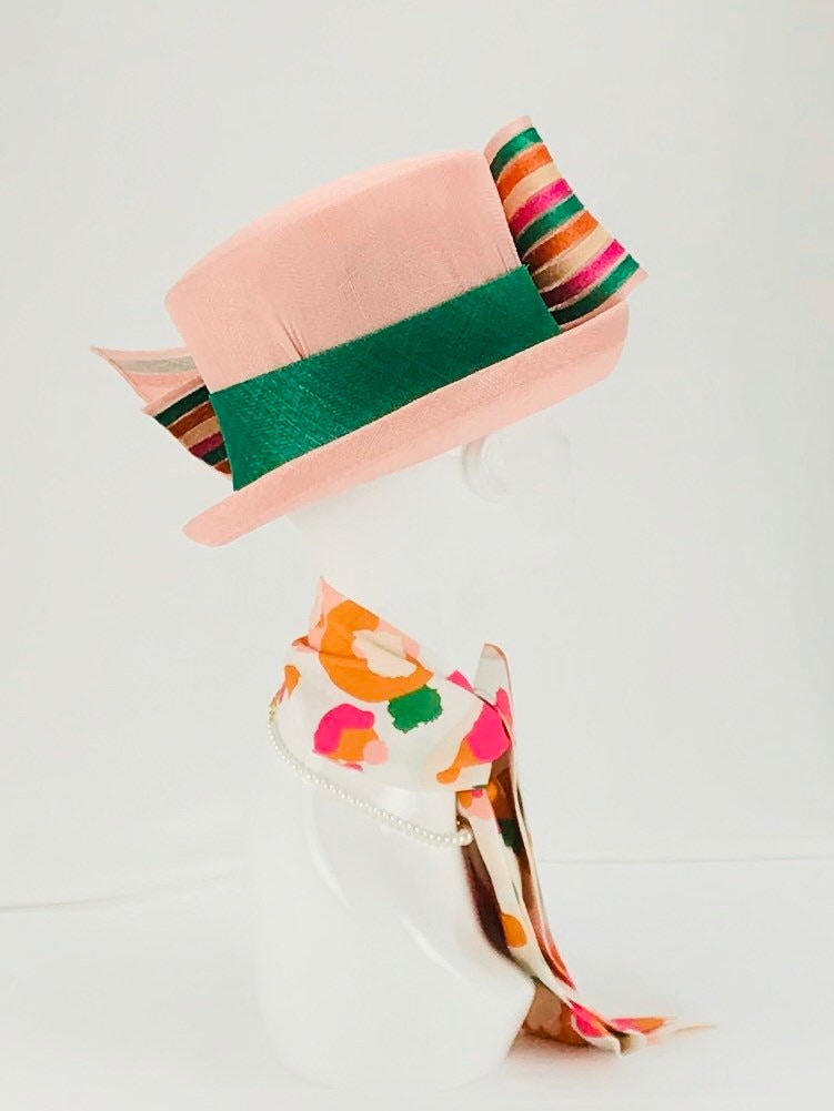 Light Pink and Green Small Brim Sinamay Hat