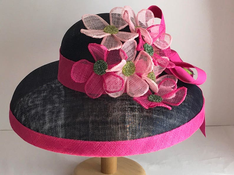 Navy Sinamay Hat with Pink Bouquet image 1