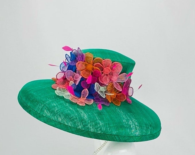 Green Sinamay Hat with Custom Floral Trim