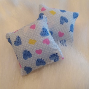 Dollhouse Miniature 1:12 Scale 1 Pair Decorative Blue With Multi Color Hearts Pillows Approx 1.5&quot; X 1&#39;5&quot; Last Pair Left Free Shipping
