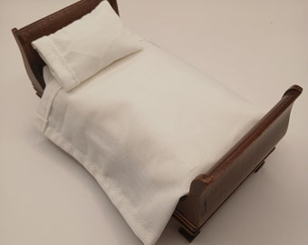 Dollhouse Miniature 4 PC White Twin Sheet Set 1:12 Scale Pillows Removable Pillowcases  100% Cotton Handmade