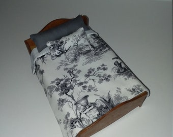 Dollhouse Miniature | Comforter Set | Pillows | Waverly |  Toile Print Fabric | White Cotton Lining | Handmade |  Bedding Set