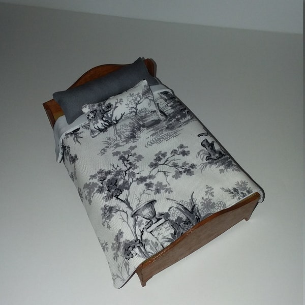Dollhouse Miniature | Comforter Set | Pillows | Waverly |  Toile Print Fabric | White Cotton Lining | Handmade |  Bedding Set