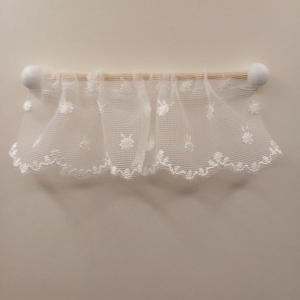 Dollhouse miniature 1:12 scale sheer white lace scalloped valance 4" W X 1.5" L complete with curtain rod