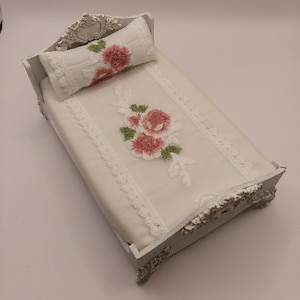 1:12 Scale 2 Pc Elegant White With Pink Embroidery Roses Full Size Comforter Set With Coordinating Pillow Bed Not Included