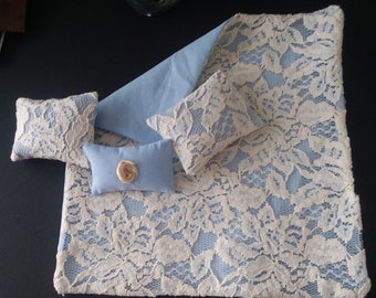 Comforter Set , Dollhouse Miniatures , 1:12 Scale , Handmade , Creme Floral Lace , 3 Matching Pillows ,  Lined Comforter