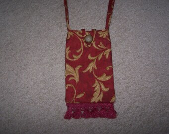 Pouch , Purse , 9.5" X 5" , Waverly Fabric , Satin Lining , Rust/Tan , Fringe Bottom , Button Closure , 13" Strap Drop