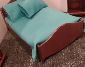 Dollhouse Miniature 6 PC Sheet Set 1:12 Scale Pillows Removable Pillowcases Teal Double / Queen Size Bed Handmade