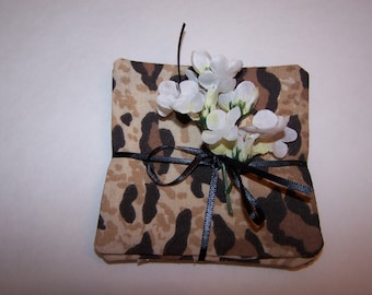 Fabric Drink Coaster , 4" X 4" , Set Of 4 , Mug Mats , Animal Print , Mug Rugs , Leopard ,  Multi-Color , 3 Ply Layer