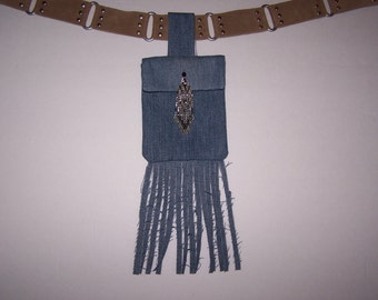 Belt Pouch | Bag | Denim | Handmade | Fringes | Blue | Cotton Lining | Phone Carrier | Beaded Embellishment | 15" X 5"