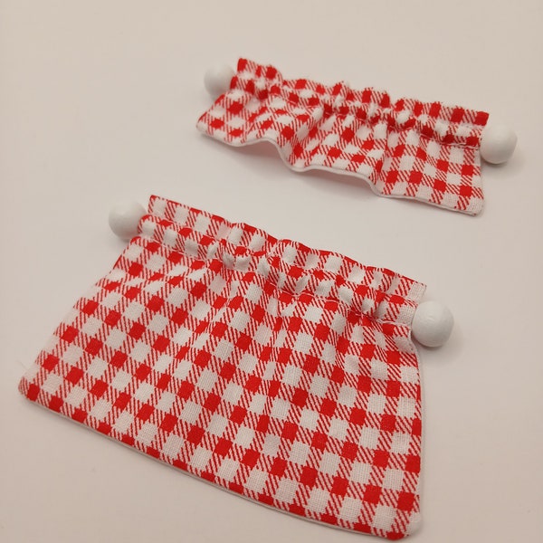 1:12 Scale 2 PC Valance And Tier Set Red And White Gingham Pattern With Lining And Curtain Rod 3.5" W