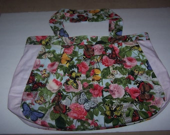 Handbag , Tote , Large , Floral Print , Multi-Color , Roses , Inside Pocket , Removable Bow , Cotton Lining , Handmade