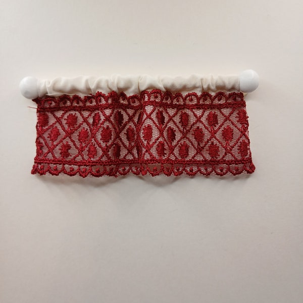 Dollhouse miniature 1:12 scale valance 4" W X 1 3/4" L red embroidery diamond pattern with white lining complete with curtain rod