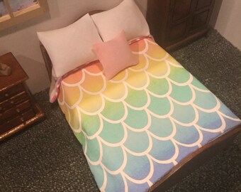 Dollhouse miniature comforter set rainbow fish scales for 1 12 scale model double bed