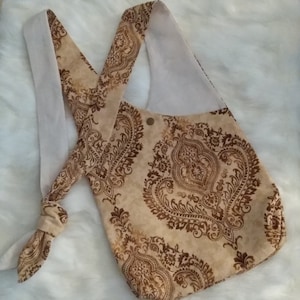 Bolso cruzado, bolso de mano, pequeño, estampado floral Waverly, marrón y beige, forro de algodón tostado, correas ajustables, cierre a presión, hecho a mano