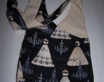 Crossover Bag , Tote , Small , Ballgown Pattern  , Black/Tan/Grey , Cotton Lining , Adjustable Straps , Handmade