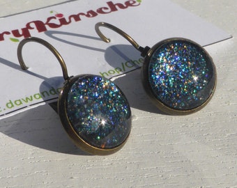 Cabochon Ohrringe - Schwarz, Grün Glitzer