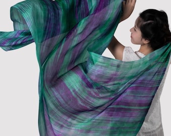 Hand-Dyed 100% Mulberry Silk Habotai Scarf, Green Purple Stripes, Lightweight and Sheer, Vibrant & Artistic, Handwoven Vietnamese Silk