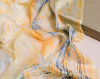 100% Pure Mulberry Silk Scarf | Handwoven and Hand Tie-Dyed ,Pastel Yellow and Blue Silk Wrap | Traditional Vietnamese Silk