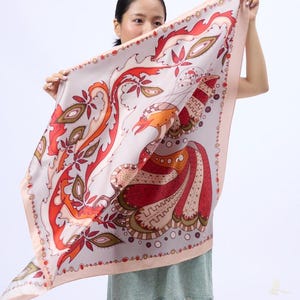 Luxury 100% Twill Silk Scarf , Elegant Printed Square Scarf 90x90cm, Timeless Statement Piece for Women, Phoenix Design