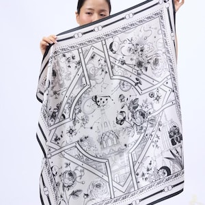 Luxury 100% Twill Silk Scarf , Elegant Black and White Printed Square Scarf 90x90cm, Timeless Statement Piece for Women
