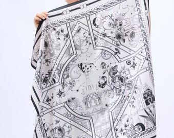 Luxury 100% Twill Silk Scarf , Elegant Black and White Printed Square Scarf 90x90cm, Timeless Statement Piece for Women