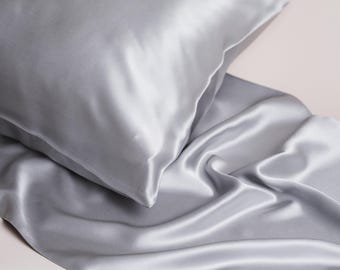 Luxury 100% Mulberry Silk Pillowcase - Grey - 22 Momme, Ultra Soft & Cooling - Made in Hangzhou, China