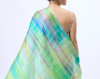 Hand-Dyed 100% Mulberry Silk Habotai Scarf, Rainbow Green, Vibrant and Lightweight, Sheer & Luxurious, Handwoven Vietnamese Silk