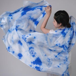 Hand-Dyed 100% Mulberry Silk Habotai Scarf, Marble Blue, Ocean-Inspired Tones, Lightweight & Soft, Handwoven Vietnamese Silk
