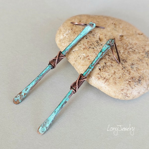 Blue patina earrings Forged copper sticks Long bar earrings Jewelry handmade