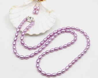 Light Pink Pearl Long Necklace and Earrings Set,30th anniversary,June birthday,gift for wife,mother of the bride jewelry,statement necklace