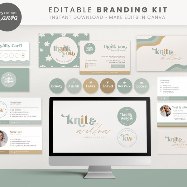 Kit de marque modifiable, bricolage logo bohème moderne en toile, modèle de logo rétro, logo simple mignon, cartes de remerciement, cartes de visite, téléchargement immédiat