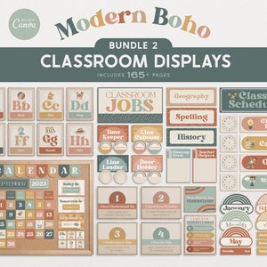 Editable Classroom Decor Modern Boho Bundle, Printable Canva Templates, Calendar, Classroom Jobs PNGs, PDFs + Canva Editable Files