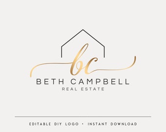 Editable Logo Template, DIY Gold Real Estate Design, Elegant Realtor Branding, Minimalist House Logo, Instant Download