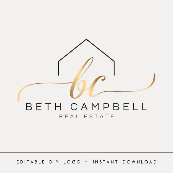 Editable Logo Template, DIY Gold Real Estate Design, Elegant Realtor Branding, Minimalist House Logo, Instant Download