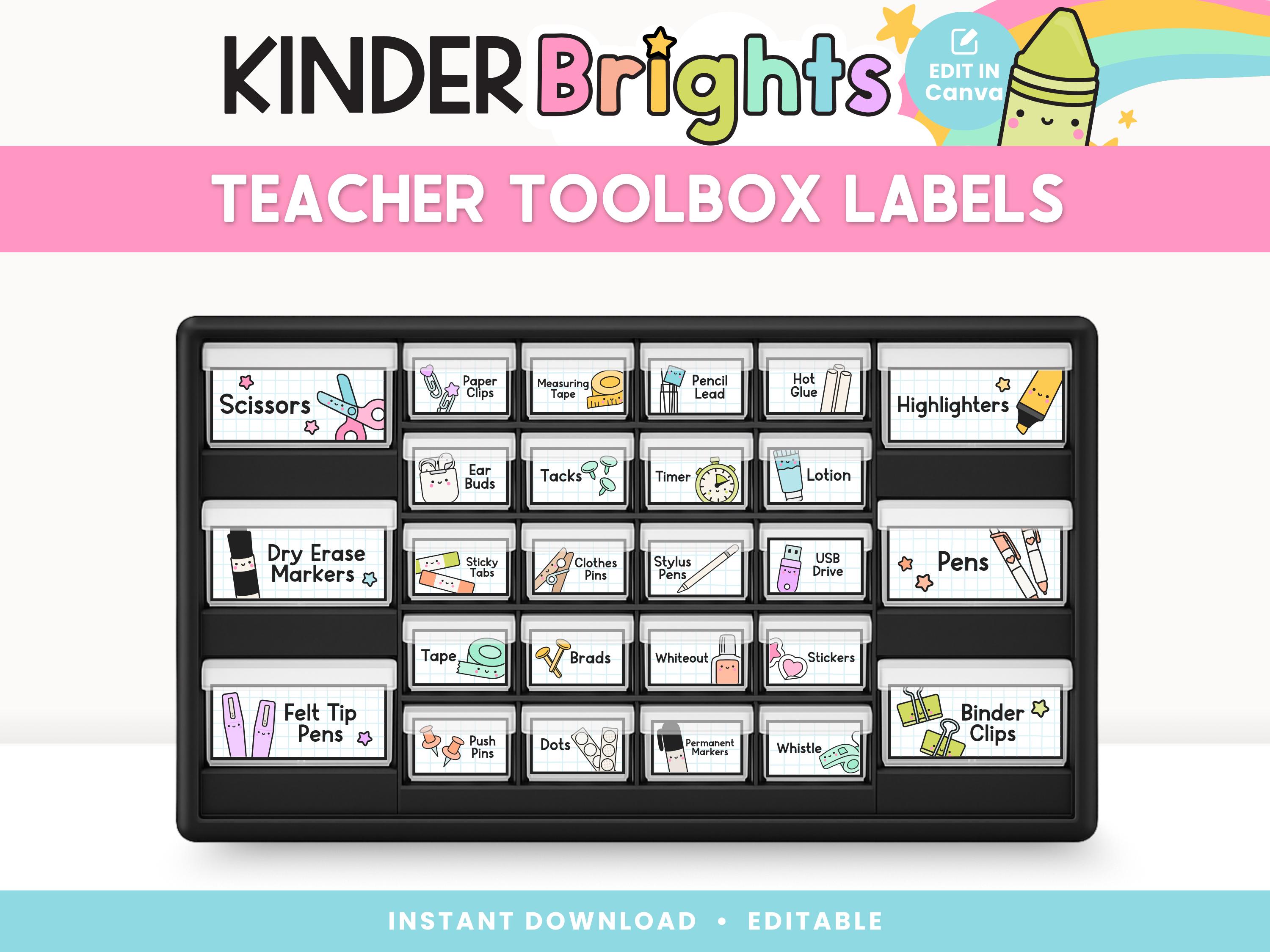 Classroom Drawer Labels with Cute Clip Art | Pastel Teacher Toolbox Tags | Editable School Supply Organizer