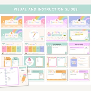 May include: A collection of colorful digital slides with pastel backgrounds and rainbow accents. The slides feature text such as "Lunch Time," "Rest Time," and "Instructions." The overall theme is educational and child-friendly.