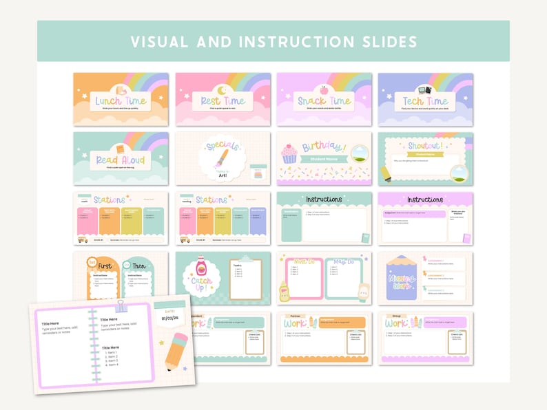 May include: A collection of colorful digital slides with pastel backgrounds and rainbow accents. The slides feature text such as "Lunch Time," "Rest Time," and "Instructions." The overall theme is educational and child-friendly.