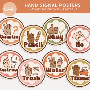 Classroom Hand Signals Poster Display, Editable in Canva, Retro Groovy Classroom Management, Teacher Templates,