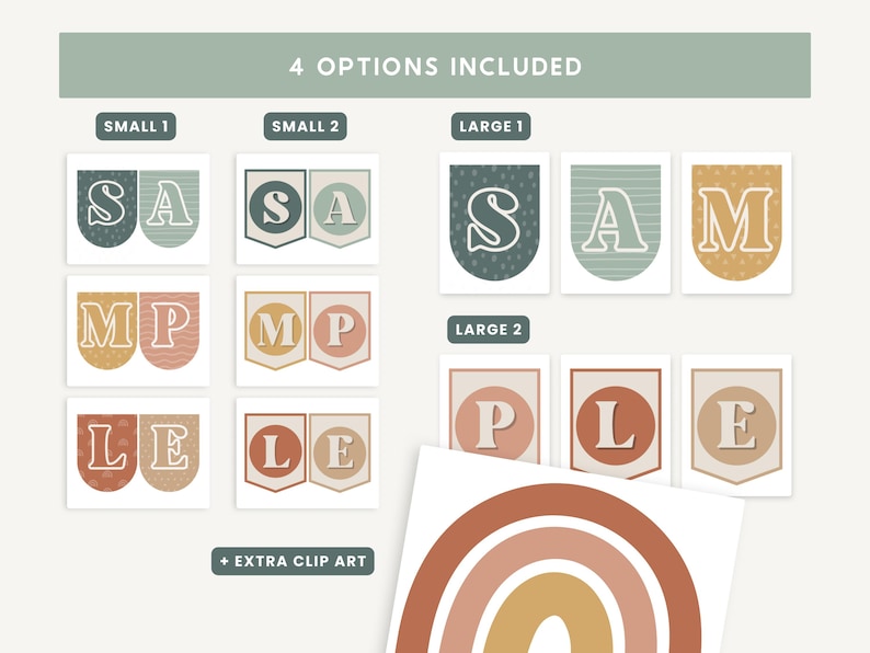 May include: A printable banner featuring the word "SAMPLE" in various font styles and colours. The banner is designed in a boho style with a rainbow graphic included.