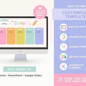 May include: A computer monitor displays a colorful template for group organization. The screen shows the word "Groups" and a reading subject. The template includes options to replace text, change colors and fonts, adjust the layout, and add or delete elements.