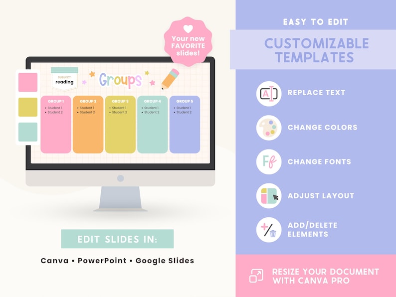 May include: A computer monitor displays a colorful template for group organization. The screen shows the word "Groups" and a reading subject. The template includes options to replace text, change colors and fonts, adjust the layout, and add or delete elements.