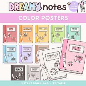 Bearbeitbare Farbposter | Niedliches Notebook-Thema Klassenzimmer Dekor | Pastell, helle und lustige Farbkarten | Lehrerin Canva Template