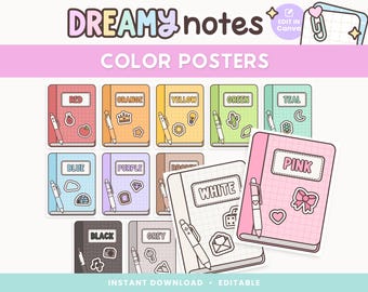 May include: A collection of colorful notebook-style posters with the text "Dreamy Notes" and "Color Posters". Each notebook is a different color, such as red, orange, yellow, green, blue, purple, brown, white, black, grey, and pink. Each notebook has a pen and stickers.