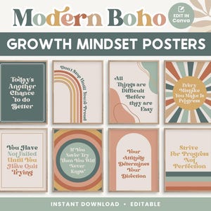 Growth Mindset Editable Classroom Printable Posters, Modern Boho Classroom Decor, INSTANT DOWNLOAD + Canva Templates