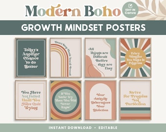 Growth Mindset Editable Classroom Printable Posters, Modern Boho Classroom Decor, INSTANT DOWNLOAD + Canva Templates